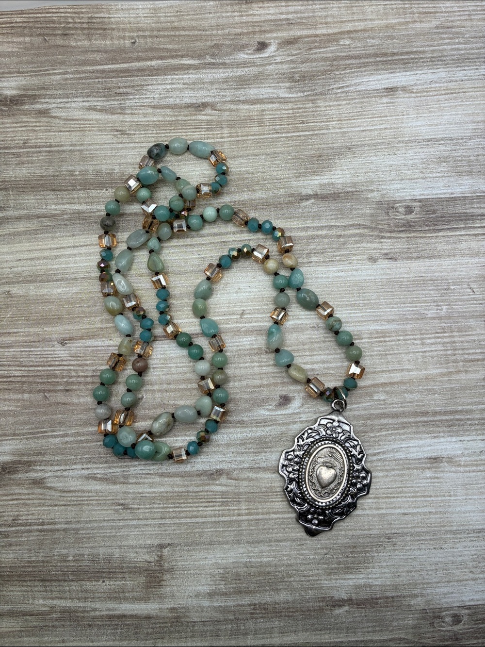 Beaded Religious Sacred Heart Pendant Necklace